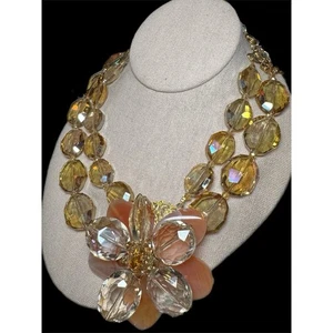 Vintage Faceted Crystal Glass Bib Necklace AB Finish Floral Design - Picture 1 of 11