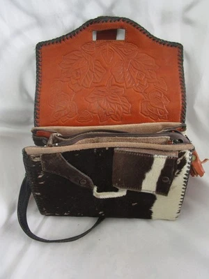 Vintage 70s Pony Hair Tooled Leather Shoulder Bag Billfold Change Purse Snaps - Image 1 of 4