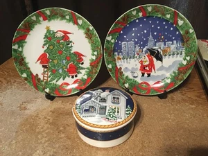 2X INTERPUR PORCELAIN CHRISTMAS PLATE DESIGN A & B MIKASA CANDY DISH/WRONGWAY052 - Picture 1 of 9