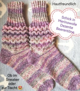 Gr 39 40 Handgestrickt Wollsocken Stricksocken Wellenmuster Landlust Merino Lila - Bild 1 von 11