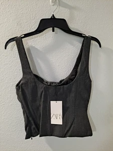 ZARA strukturiertes bauchfreies Oberteil anthrazitgrau Damen Small neu mit Etikett Korsett-Stil Tank - Bild 1 von 9