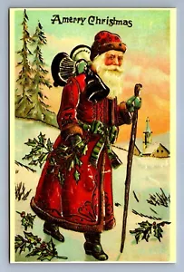 Postcard Vtg Reproduction Reprint Christmas Santa Claus With Holly Walking - Picture 1 of 2