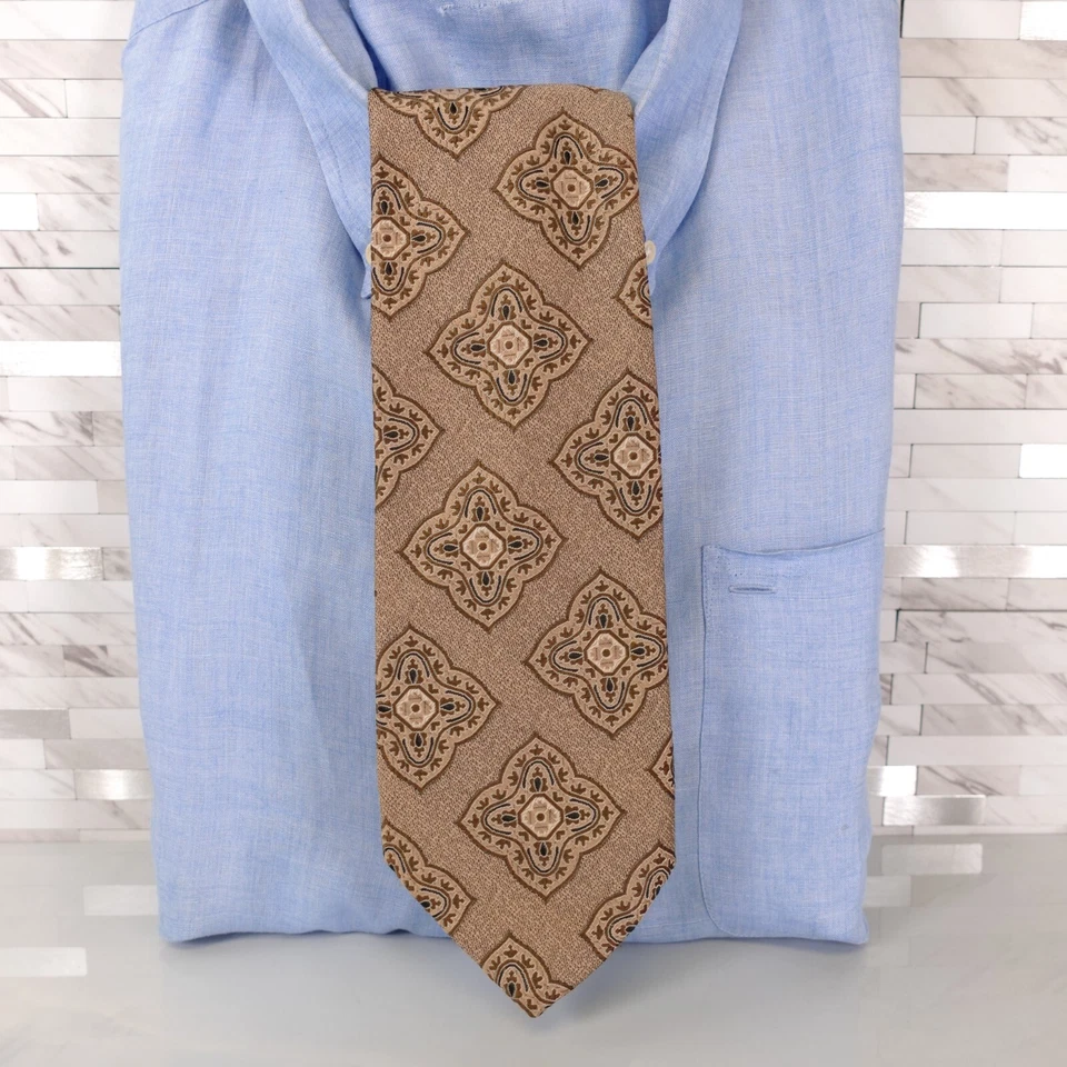 VINTAGE Burton Neck Tie Men Brown Big Medallion Embroidered Foulard London Paris - Image 1 of 4