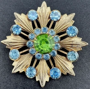 Vintage Rhinestone Brooch Star Flower Snowflake Blue Green Silver tone Textured - Picture 1 of 12
