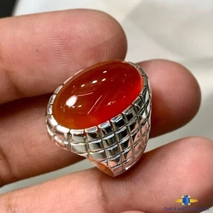 Original Yemeni Aqeeq Ring Red Agate Oval Stone 925 Silver Handmade Men Ring - Picture 1 of 4