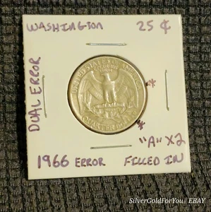 1966 Washington Quarter Doppio Errore Reverse "A"s Riempito Nel Dritto è Fuori Centro - Foto 1 di 6
