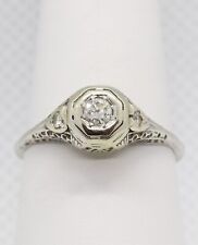 Vtg 14k White Gold Art Carved Diamond Engagement Ring Filigree Art Deco .42ctw