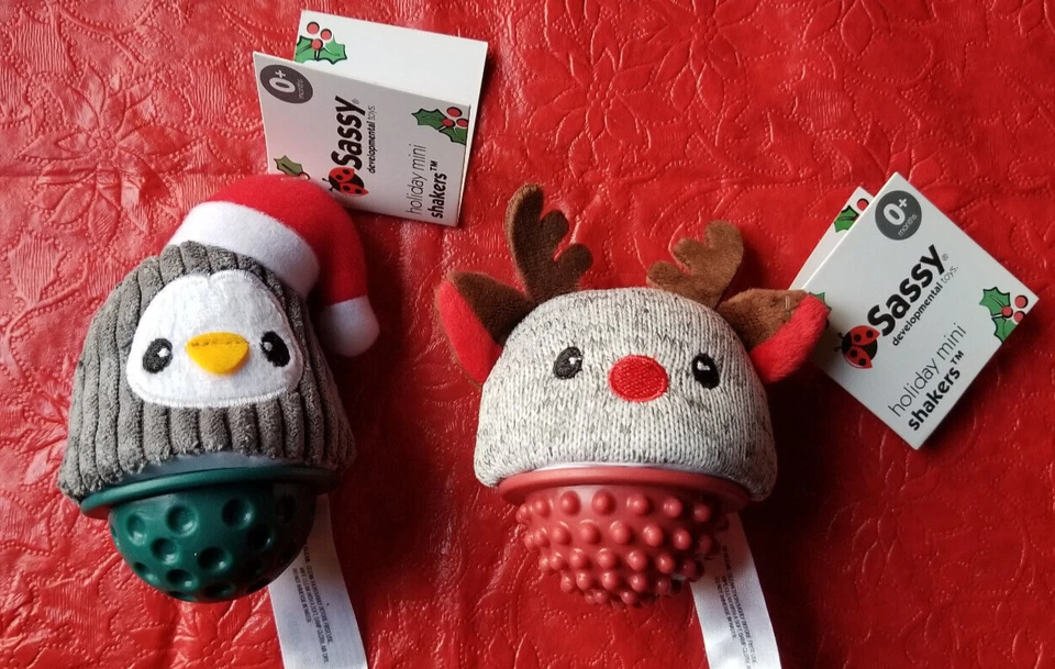 Juego de 2 mini agitadores Sassy Holiday pingüino reno recién nacido bebé seguro primer juguete Foto 1 de 3