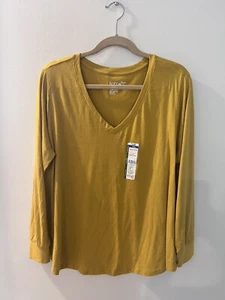 NWT Terra & Sky Semi Fitted Core Long Sleeve Plus Sz 1X Top Yellow VNeck Cotton - Picture 1 of 6