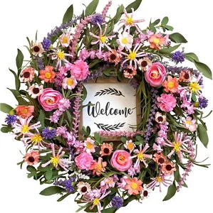Spring Summer Wreath for Front Door - 22 Inch Artificial Floral Wreath with - Picture 1 of 7