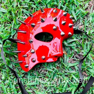 Red Steampunk Phantom of the Opera Half Face Costume Masquerade w/ Silver Spikes - Picture 1 of 4