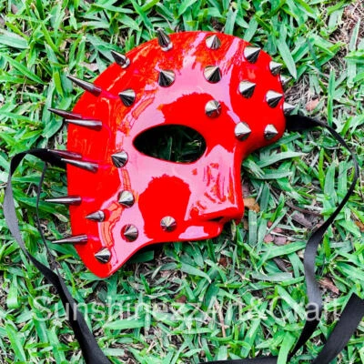 Red Steampunk Phantom of the Opera Half Face Costume Masquerade w/ Silver Spikes - Image 1 of 4