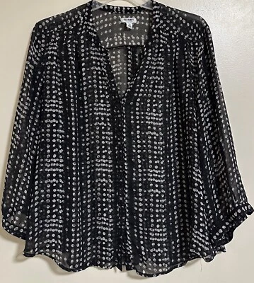 Old Navy 女式纽扣衬衫 XXL 码黑色圆点透明 3/4 袖 — 第 1/4 张图片