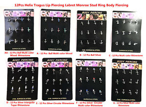 12 Pcs 316l Surgical Steel Helix Tragus Lip Piercing Labret Monroe Stud Ring  