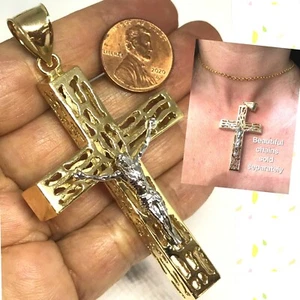 GOLd cross jesus pendant 14k yellow White solid necklace crucifix 3” BiG HEAVY - Picture 1 of 12