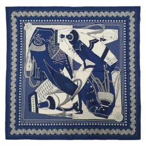HERMES Cashmere Silk Shawl Scarf 140cm Zouaves et Dragons Bandana Dark blue R780 - Picture 1 of 4