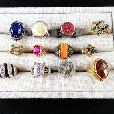 Vintage to Now RING LOT 12 Cocktail Fashion Rings w/ Crystal Gemstones BLING - Image 1 of 4