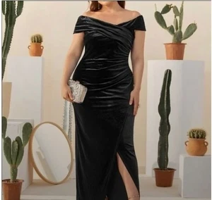 Shein Curve OXL Black Velvet Evening Gown Off Shoulder Whimsigoth Vampire - Picture 1 of 12