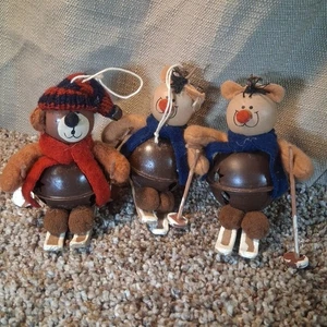 Christmas Tree Ornaments Set Of 3 Skiing Teddyeddy Bears Made From Bells Holiday - Picture 1 of 9