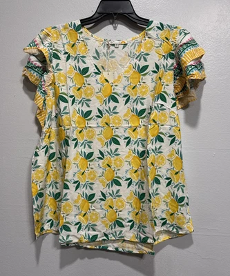 C&C CALIFORNIA Lemon Citrus Print Top Blouse Flutter Sleeve Womens Plus Size 1X - Image 1 of 4