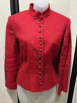 Blazer Lauren Ralph Lauren Jaqueta de Linho Tamanho 6 Vermelho Bronze Botão Mandarim Militar - Imagem 1 de 4