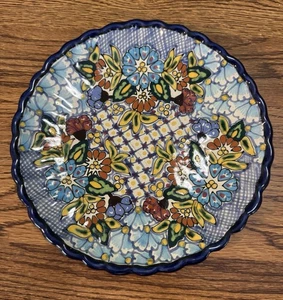 Piatto Talavera Pue Mexico arte popolare ceramica bordo increspato 10" dipinto a mano - Foto 1 di 8
