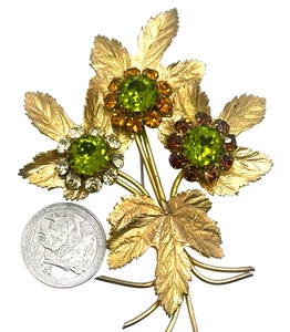Countess CIS Signed French Large Textured Leaves, Rhinestone Flowers Brooch - Picture 1 of 2