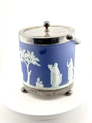 Vintage Wedgwood Style Blue Jasperware Biscuit Jar w/ Silverplate Lid/Handle ~7” - Image 1 of 4