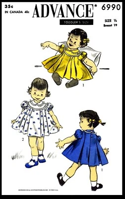Advance # 6990 Girls Dress Frock Yoked Collar Fabric Sewing Pattern Size 6 Month - Image 1 of 4