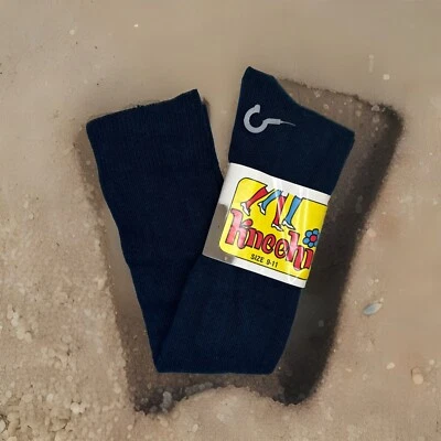 Meias femininas vintage anos 80 NOS 9-11 joelho alto EUA acrílico anos 90 azul marinho 20" Russell Hosiery - Imagem 1 de 4
