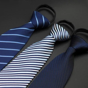 Men 8CM Zipper Pre-tied Tie Stripe Wide Necktie Wedding Party Formal Neck Ties - Picture 1 of 10