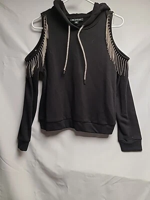 Blouse  Women's Hoodie Black Shoulder Cut Out Rhinestoned Med By INC - Image 1 of 4