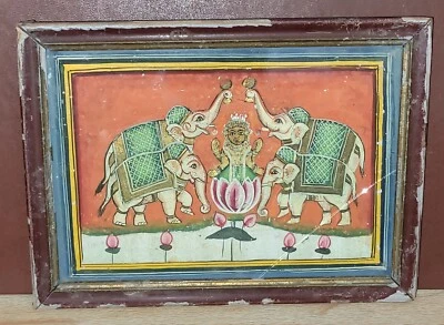 Antique Collectible Hand Painted Miniature Paper Painting Goddess Laxmi Gajlaxmi - Image 1 of 4