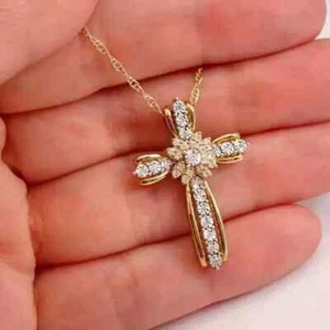 2Ct Round Cut Lab Created Diamond Women's Cross Pendant 14K Yellow Gold Plated - Picture 1 of 4