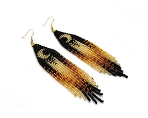 Crescent Moon Beaded Fringe Blac Gold Gradient Earrings Seed bead Boho - Picture 1 of 4