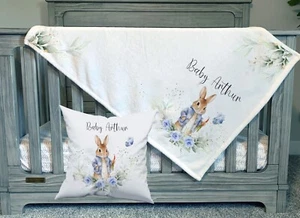 Baby blankets blue rabbit soft fleece personalised, cushion, nursery pillow - Picture 1 of 4