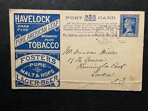 Australia 1896 Victoria QV 1d post card with Havelock Tobacco &  Fosters advert