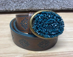 juliana collezione Gürtel mittelbraun italienisches Leder geprägt blauer Stein Schnalle - Bild 1 von 10