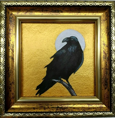 Original Crow painting  Black Bird Raven Wall Art Golden Painting Framed Artwork - Image 1 of 4