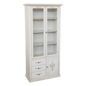 VETRINA CRISTALLIERA IN LEGNO BIANCO ANTICATO DECORATO FILO VERDE 1 ANTA 3 CASSE - Foto 1 di 3