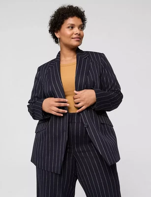 NOVO BLAZER LANE BRYANT $130 AZUL MARINHO LUREX PERFEITO DRAPEADO LISTRA DE GIZ TAMANHO 16 - Imagem 1 de 3