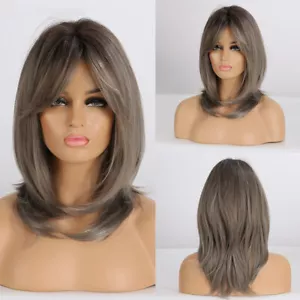 Long Layered Wigs for Women Synthetic Hair Bangs Wig Brown Grey with Dark Roots - Picture 1 of 5