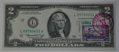 1976 2 Dollar Bill First Day Issue Stamped Edmonds WA Very Rare with 1951 stamp - Image 1 of 2