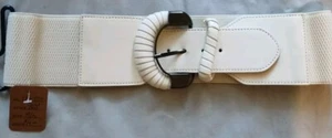 VINTAGE SOLID WHITE PLEATED FAUX LEATHER ELASTIC WAIST FASHION CORSET BELT M/L - Picture 1 of 6