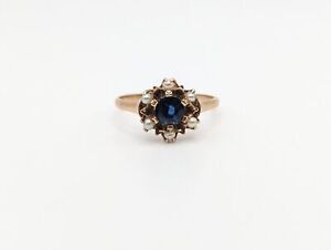 10k Rose Gold Flower Sapphire Seed Pearl Ring Cluster Pearl Sapphire Ring. Women