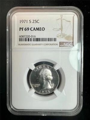 1971 S WASHINGTON QUARTER 25C PF69 CAMEO NGC; PR69 CAM; ONLY 12 HIGHER; SKU 3411 - Image 1 of 2