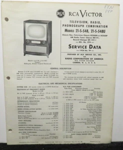RCA VICTOR TELEVISION SERVICE DATA 1954 T9 21-S-548 -548U KCS88N P RK191 RP-197 - Picture 1 of 1