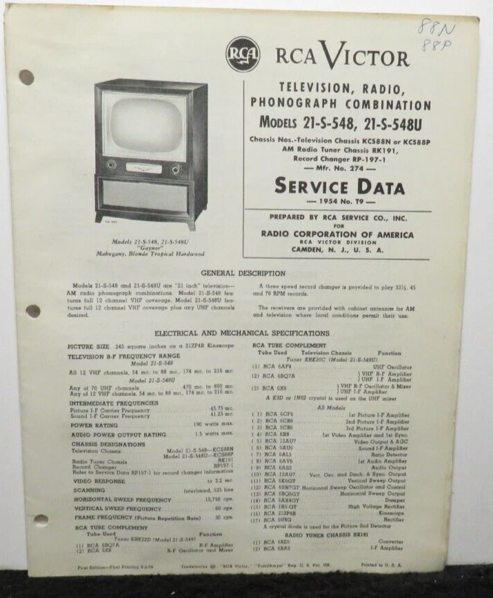 RCA VICTOR TELEVISION SERVICE DATA 1954 T9 21-S-548 -548U KCS88N P RK191 RP-197 - Image 1 of 1