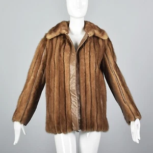 S Vintage 1970s 70s Mink Fur Leather Loose Winter Car Coat Clutch Stripe Autumn - Picture 1 of 10