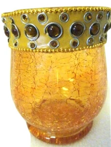Candelabro votivo/pilar con brillo ámbar - 5" vidrio crujido con cuentas altas-NUEVO - Imagen 1 de 4